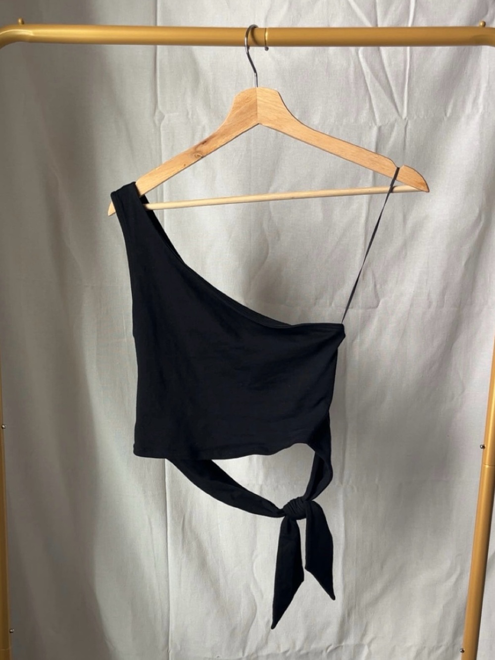 Asymmetric One-Shoulder Tie-Waist Crop Top - Black